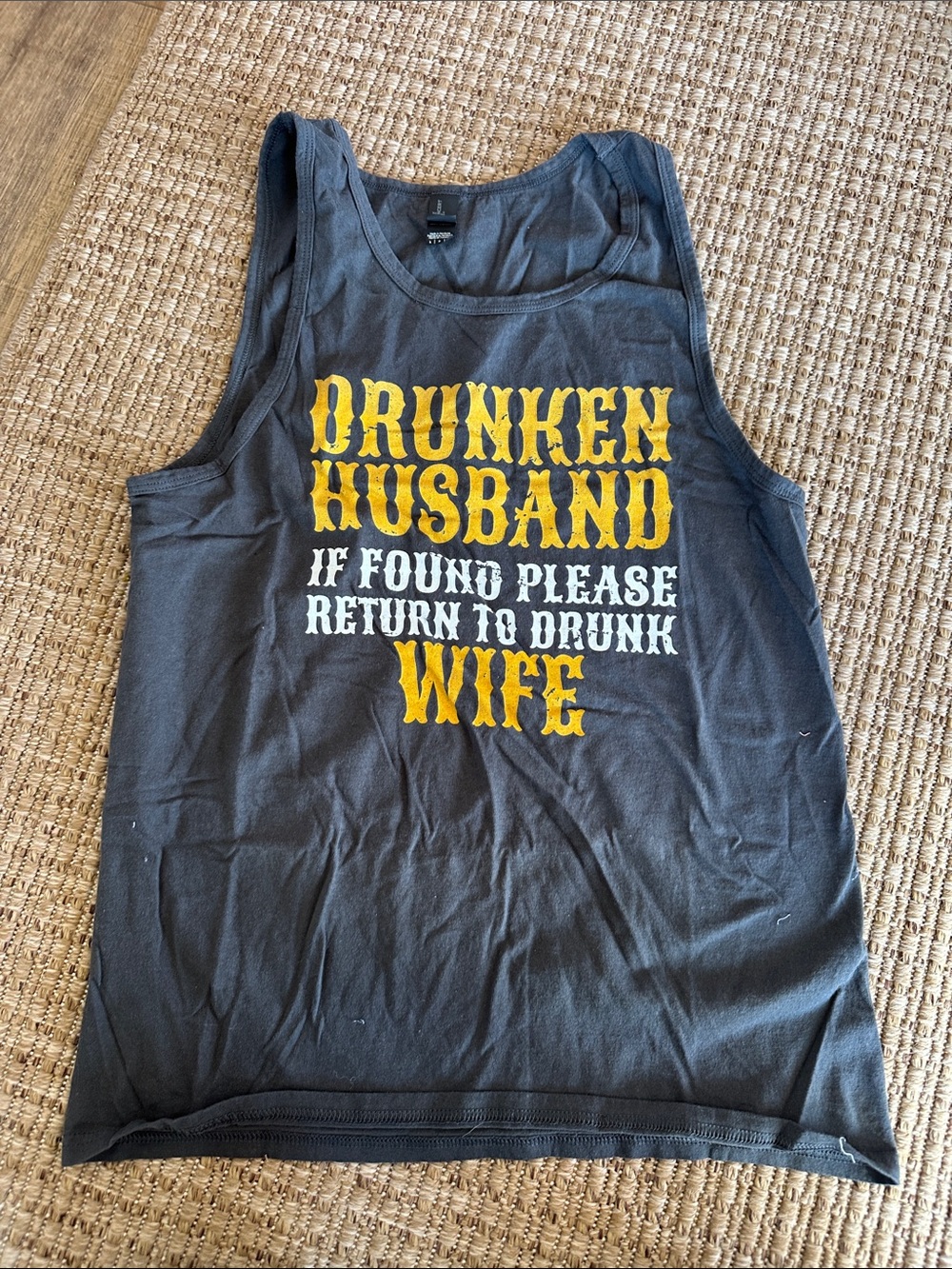 DRUNKEN HUSBAND Graphic Tank Top - Black with Yellow & White Print